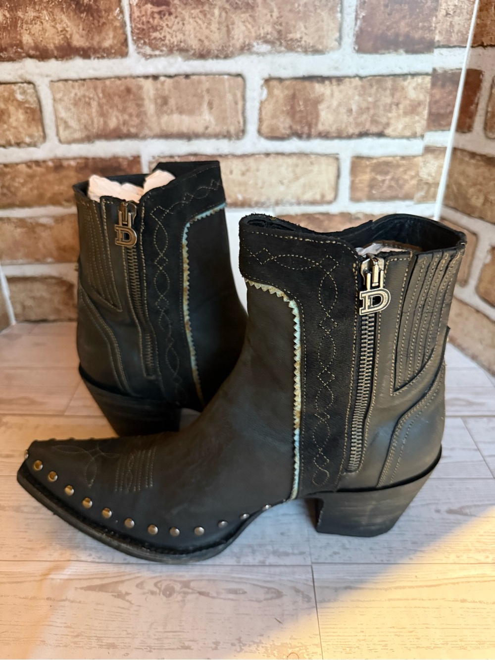 Double D Ranch Black Leather Western Fringe Ankle Boots with Turquoise Accents - Picture 5 of 11
